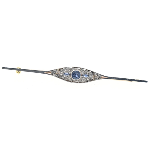 30 - Sapphire and diamond bar brooch, marked '15CT', length 70mm, gross weight 4.55 grams