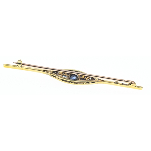 30 - Sapphire and diamond bar brooch, marked '15CT', length 70mm, gross weight 4.55 grams