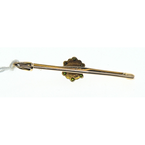 31 - Yellow metal mounted seed pearl and green stone cluster bar brooch, scratch marked '15CT', length 42... 