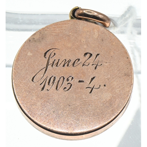 39 - Edwardian 9ct rose gold locket pendant, Chester 1903,&nbsp;engraved initials to front and date to re... 