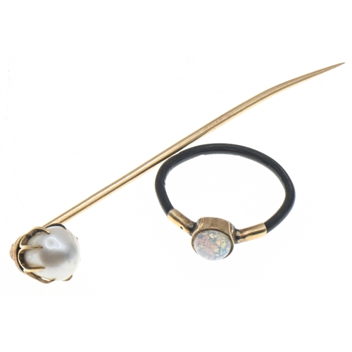 47 - Yellow metal, opal and elephant hair ring, size K, together with a yellow metal and pearl stick pin,... 