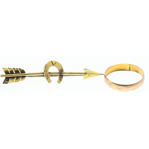 53 - Yellow metal arrow and horseshoe brooch, with a base metal pin, length 55mm, gross weight 2.44 grams... 