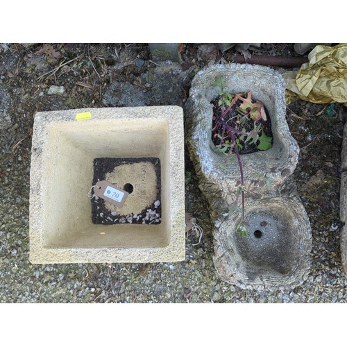 20 - Two concrete garden planters: one square trough with pebbled ground and relief oak-leaf cartouche; t... 