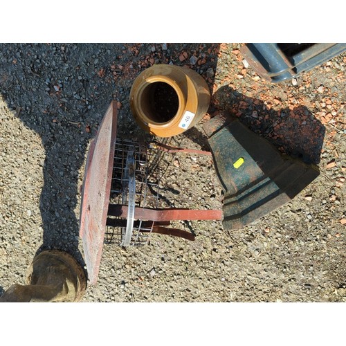 46 - A group of garden items including a wire-mesh chimney cowl with circular rain cap and strap clamps, ... 