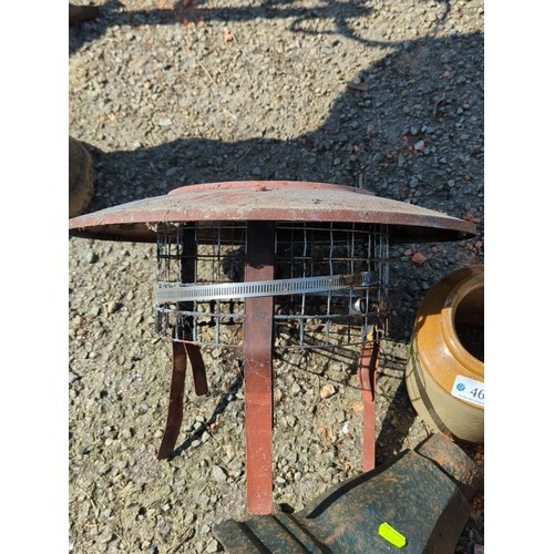 46 - A group of garden items including a wire-mesh chimney cowl with circular rain cap and strap clamps, ... 
