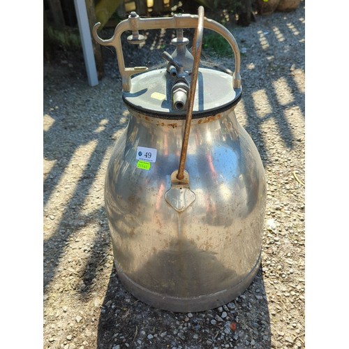 49 - Stainless steel pressure vessel, probably a dairy milking vacuum receiver, with domed cover secured ... 
