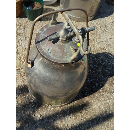 49 - Stainless steel pressure vessel, probably a dairy milking vacuum receiver, with domed cover secured ... 