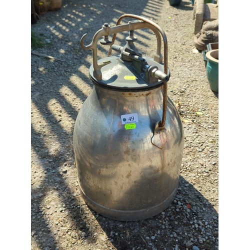 49 - Stainless steel pressure vessel, probably a dairy milking vacuum receiver, with domed cover secured ... 