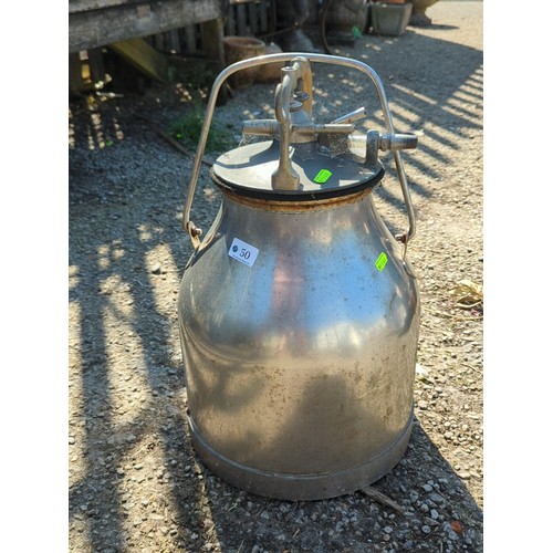 50 - Stainless steel dairy milking canister with swing handle, domed lid and clamp-lock fittings, fitted ... 