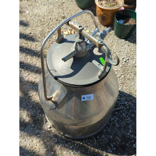 50 - Stainless steel dairy milking canister with swing handle, domed lid and clamp-lock fittings, fitted ... 