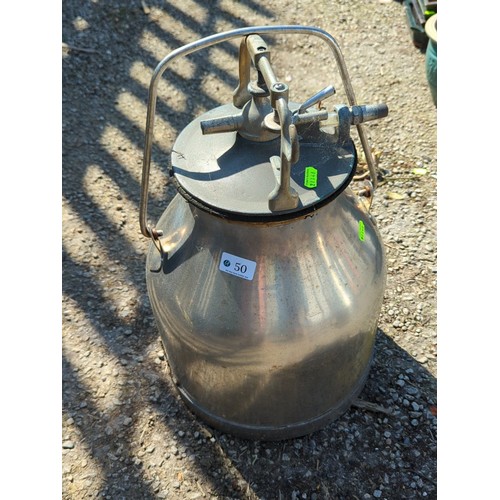 50 - Stainless steel dairy milking canister with swing handle, domed lid and clamp-lock fittings, fitted ... 