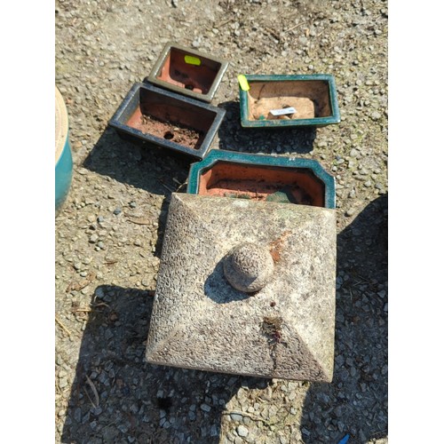 52 - A group of glazed stoneware bonsai planters of rectangular and square form, in green and dark glazes... 