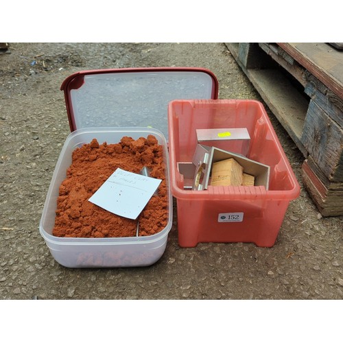 152 - Group of studio materials and equipment comprising a plastic tub of red clay labelled “Delft clay” w... 
