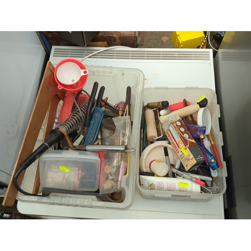 154 - A quantity of workshop tools and sundries contained in two plastic storage tubs, including a solderi... 