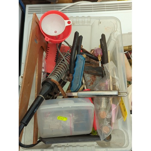 154 - A quantity of workshop tools and sundries contained in two plastic storage tubs, including a solderi... 