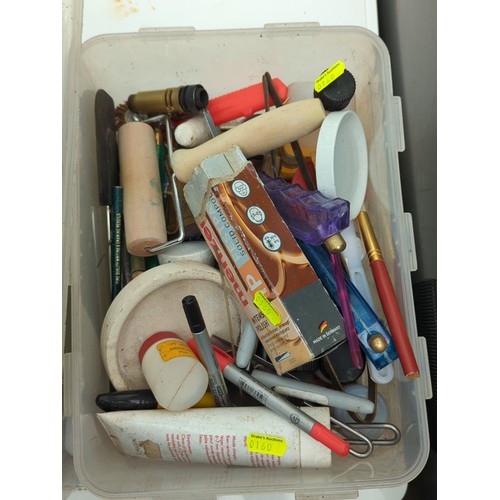 154 - A quantity of workshop tools and sundries contained in two plastic storage tubs, including a solderi... 