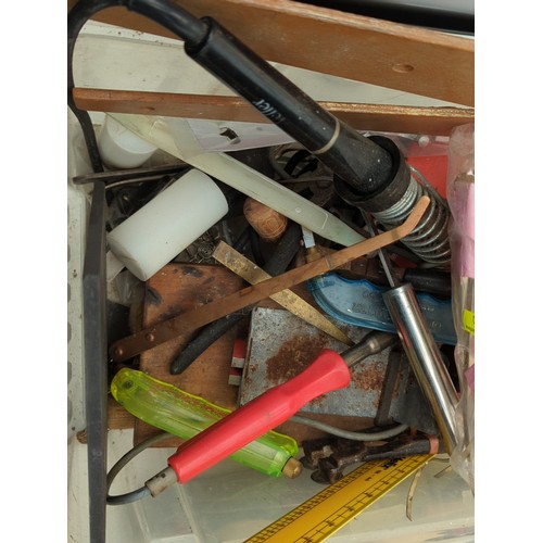 154 - A quantity of workshop tools and sundries contained in two plastic storage tubs, including a solderi... 
