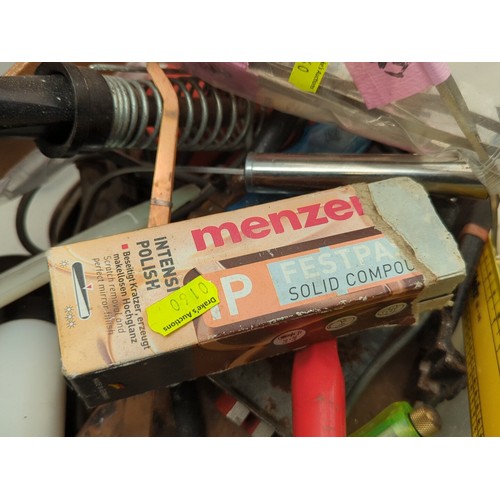154 - A quantity of workshop tools and sundries contained in two plastic storage tubs, including a solderi... 