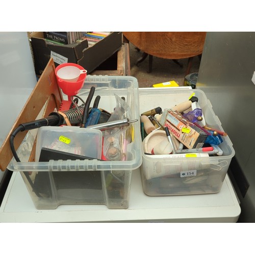 154 - A quantity of workshop tools and sundries contained in two plastic storage tubs, including a solderi... 