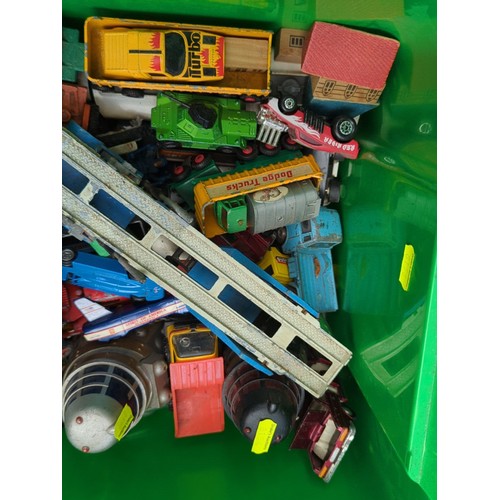 158 - A group of vintage toys and models including die-cast and plastic vehicles—car transporters, lorries... 