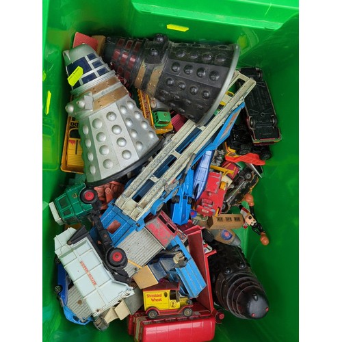158 - A group of vintage toys and models including die-cast and plastic vehicles—car transporters, lorries... 