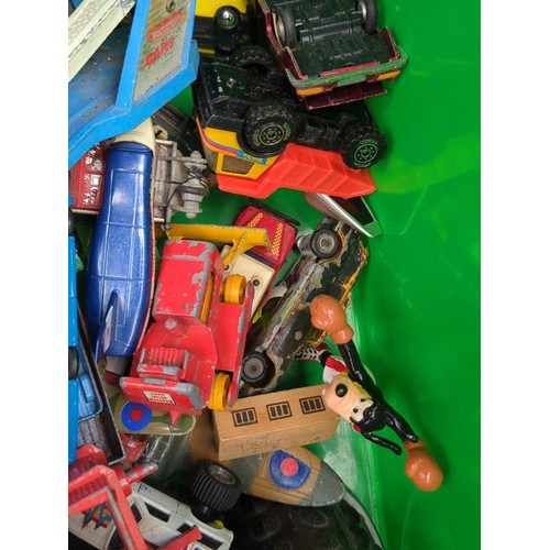 158 - A group of vintage toys and models including die-cast and plastic vehicles—car transporters, lorries... 