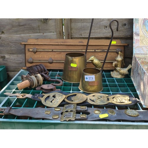 173 - A mixed lot of brass and ironware including two long-handled cider measures, various horse brasses o... 