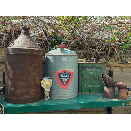 183 - A group of industrial metal containers and automobilia, including an embossed B.P. can, a galvanised... 