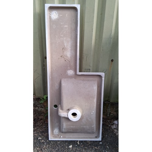 203 - Modern L-shaped white vanity top, with integrated  basin, central waste aperture, and pre-drilled ta... 
