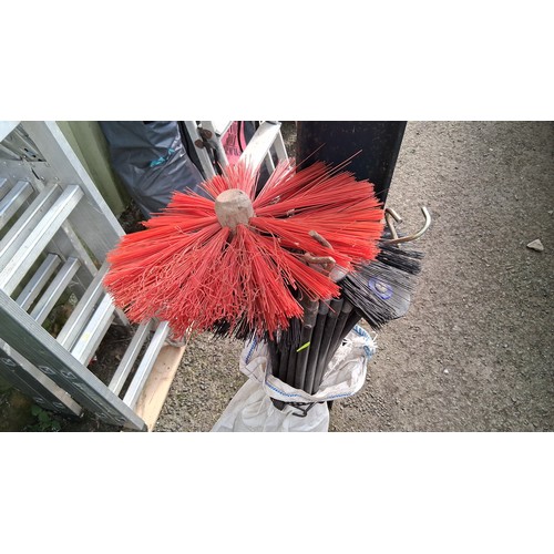 208 - An assortment of chimney-sweep rods and fittings, including nylon brush heads, circular scraper disc... 