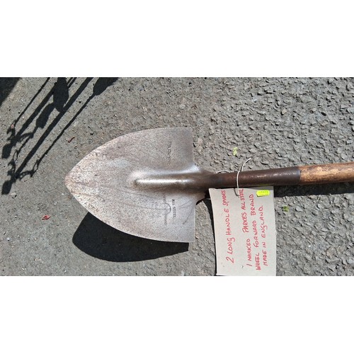 238A - A pair of long-handled garden spades, comprising a Parkes all-steel ‘wheel forward’ pattern with sta... 