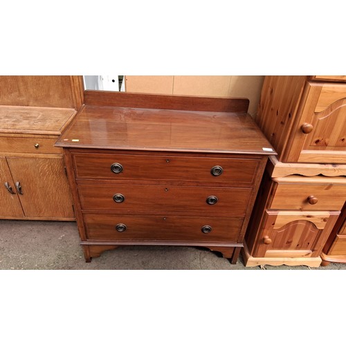 250B - Edwardian-style inlaid mahogany 3-drawer chest of drawers with key escutcheons and ring handles, rai... 