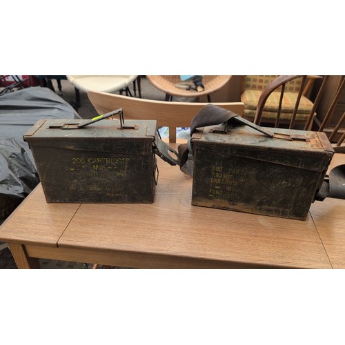 244a - Two military steel ammunition boxes, stencilled “200 CARTRIDGES” and “7.62mm,” with hinged lids, fol... 
