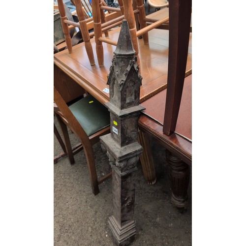 246a - Gothic Revival hardwood newel post—square tapering shaft with crocketed gabled lantern finial with o... 