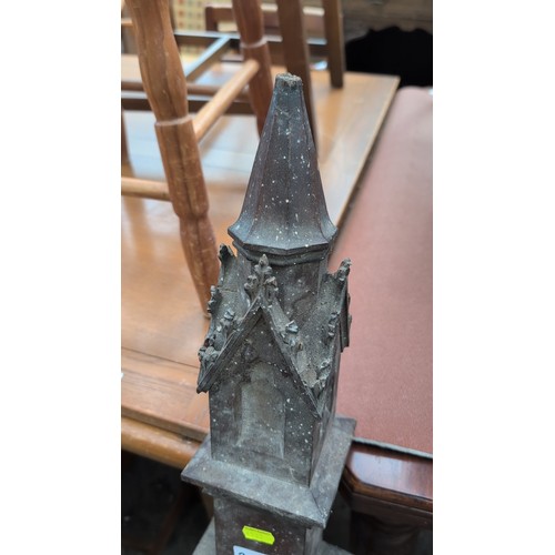 246a - Gothic Revival hardwood newel post—square tapering shaft with crocketed gabled lantern finial with o... 