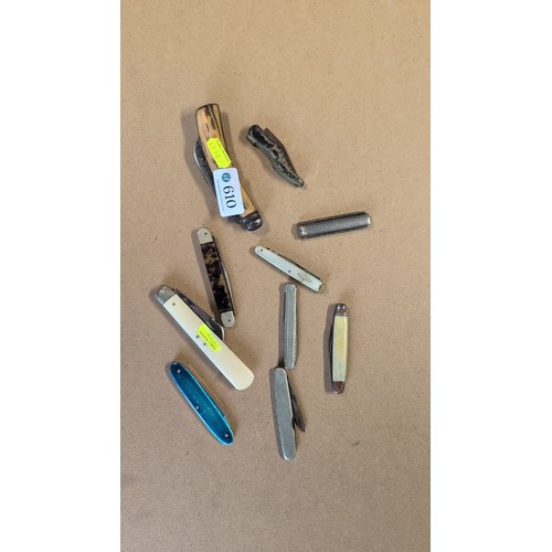 610 - A group of 10 assorted folding pocketknives with various handle materials, including one blue ‘Ardat... 