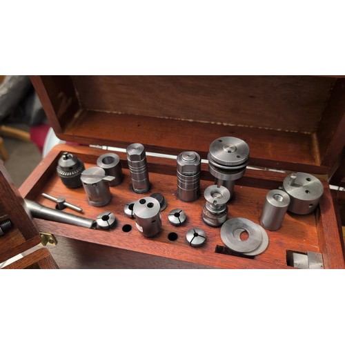137c - Hardwood case with two steel bars in lid; hardwood case with assorted steel collets and fittings; ha... 
