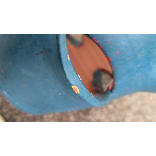 102a - A terracotta strawberry jar, turquoise-painted; the interior left unglazed, with central drainage ho... 