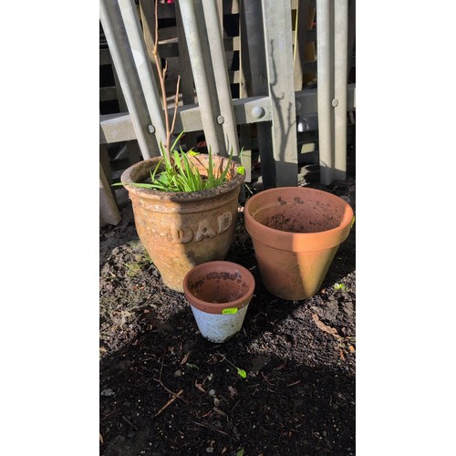 59C - A group of terracotta garden planters, including an inscribed pot reading ‘DAD’ with a rolled rim, a... 