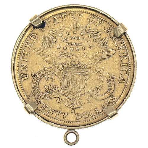 USA 1882 'Liberty Head' Double Eagle San Francisco mint twenty dollar coin in a yellow metal pendant mount, gross weight 36.37 grams