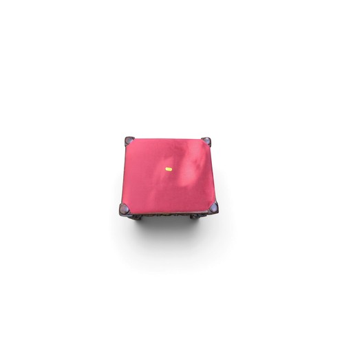 Rectangular upholstered stool with a red fabric seat, dark-stained ...