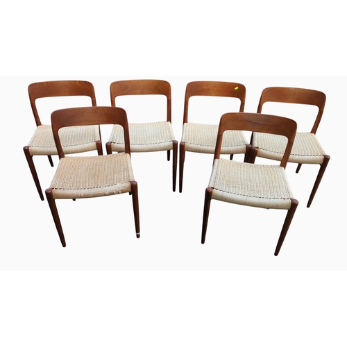 Lot 537: Six 1960's Danish teak dining chairs with woven cord seats, attributed to Neils Otto Moller, Model 75