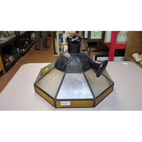 Octagonal pendant lantern with textured translucent glass panels and ...