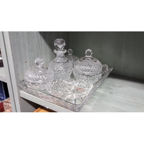 Cut-glass dressing-table set comprising a stoppered bottle, covered ...
