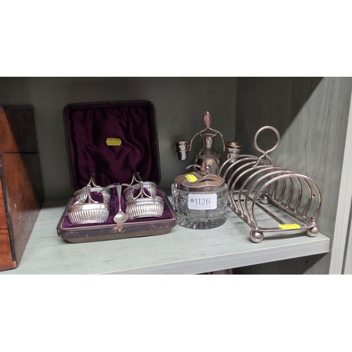 A group of silver-plated tablewares comprising a bell-form centrepiece ...