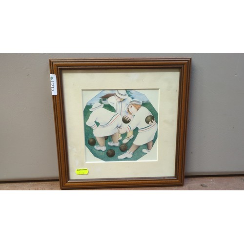 Framed Beryl Cook colour print depicting three women playing lawn bowls ...