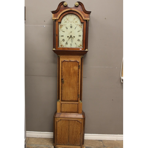 101 - OAK GRANDFATHER CLOCK - R B HUGHES, CHESTER WITH KEY