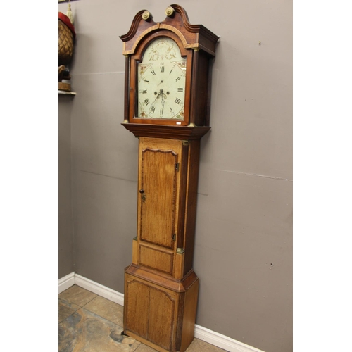 101 - OAK GRANDFATHER CLOCK - R B HUGHES, CHESTER WITH KEY