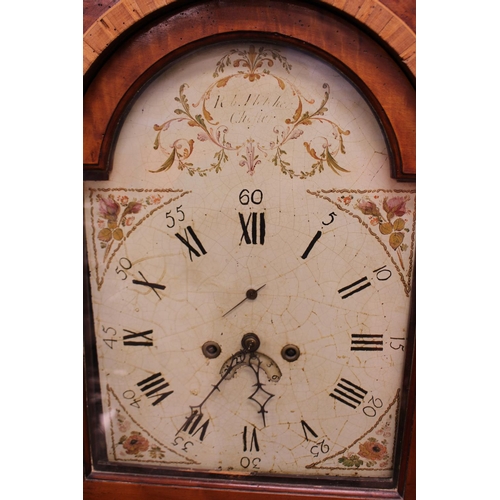 101 - OAK GRANDFATHER CLOCK - R B HUGHES, CHESTER WITH KEY