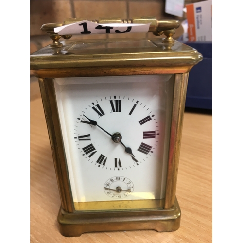 145 - FRENCH BEVELLED EDGE CARRIAGE CLOCK WITH TRAVEL CASE & KEY